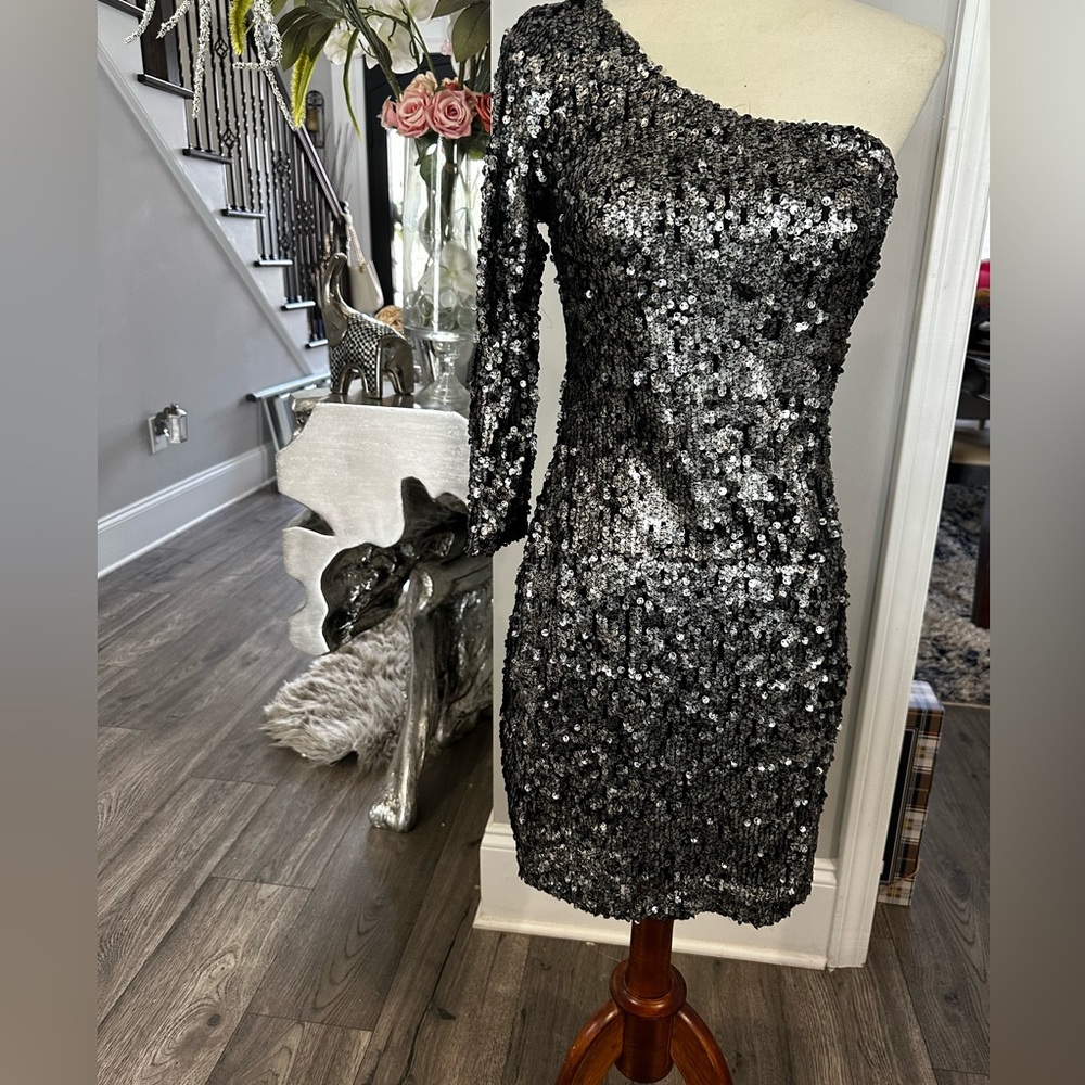 Silver/pewter Ark & Co one shoulder sequins cocktail dress. Brand new with tags.